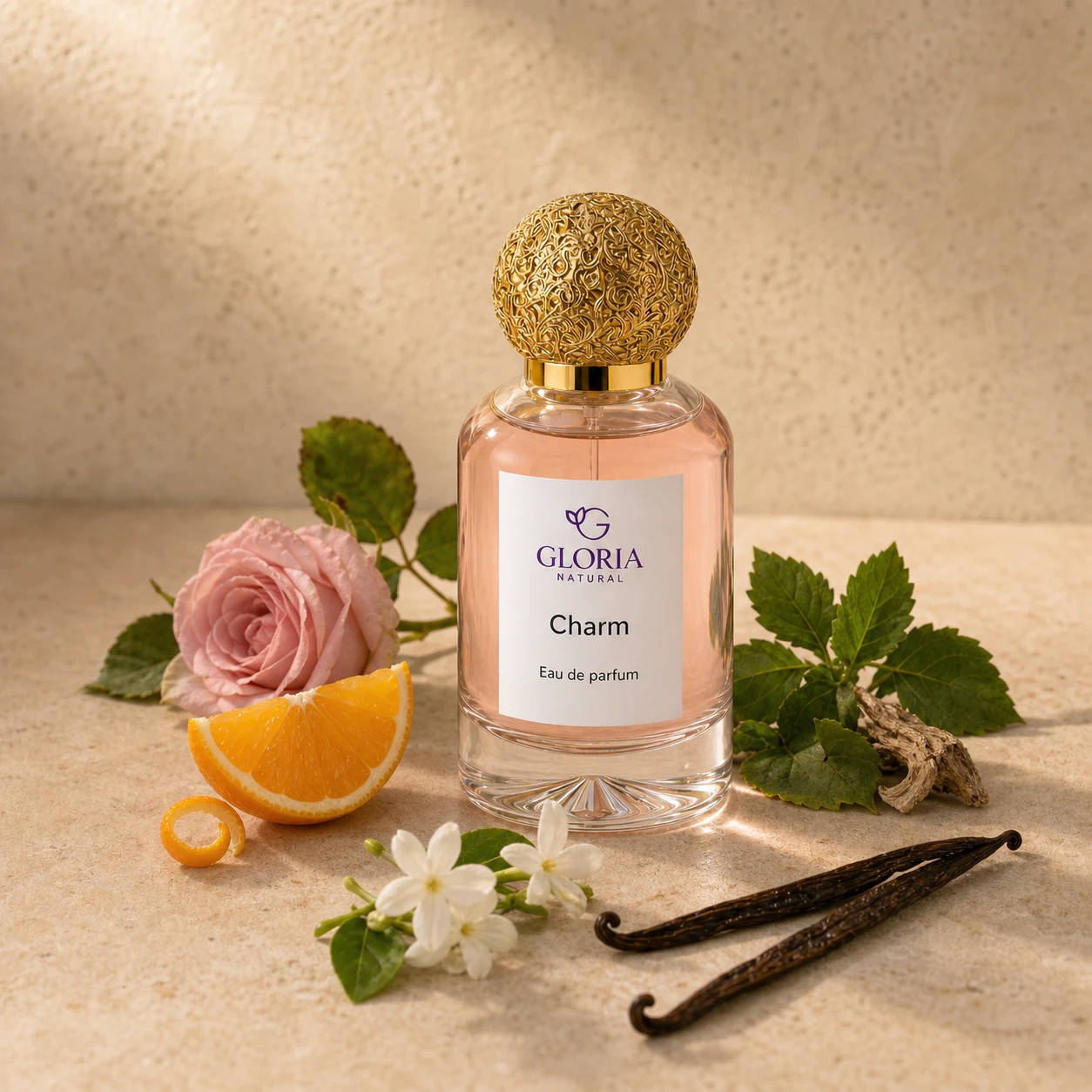 Charm eau de parfum with rose, orange, jasmine, and vanilla