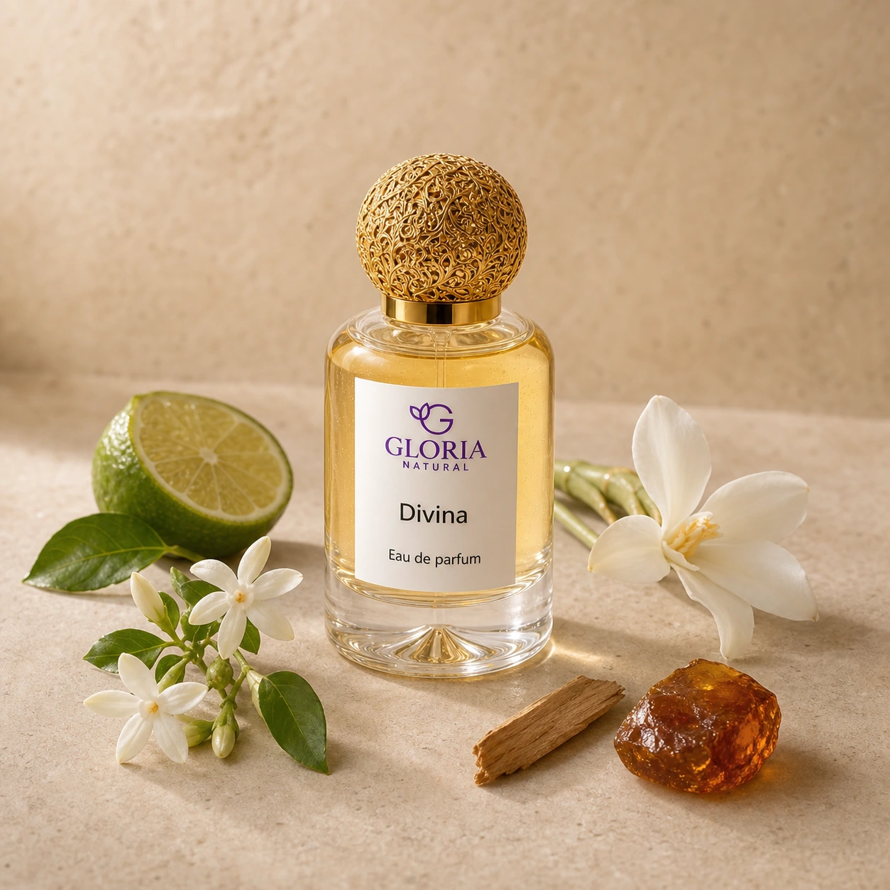 Divina eau de parfum with green mandarin, water jasmine, sandalwood, and amber