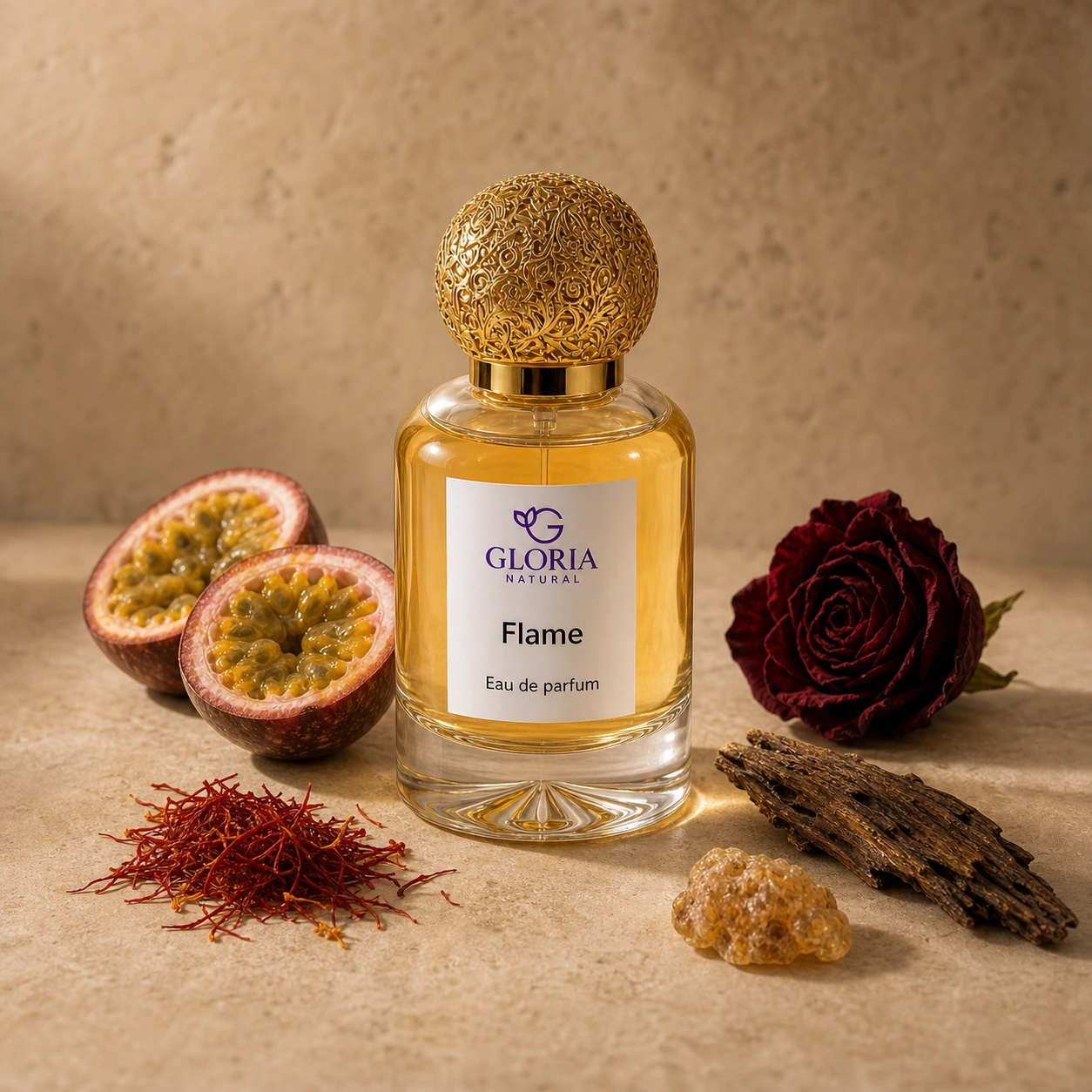 Flame eau de parfum with passionfruit, saffron, Turkish rose, and oud