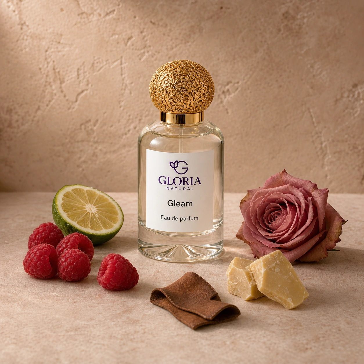 Gleam eau de parfum with raspberry, rose, cocoa butter, and leather