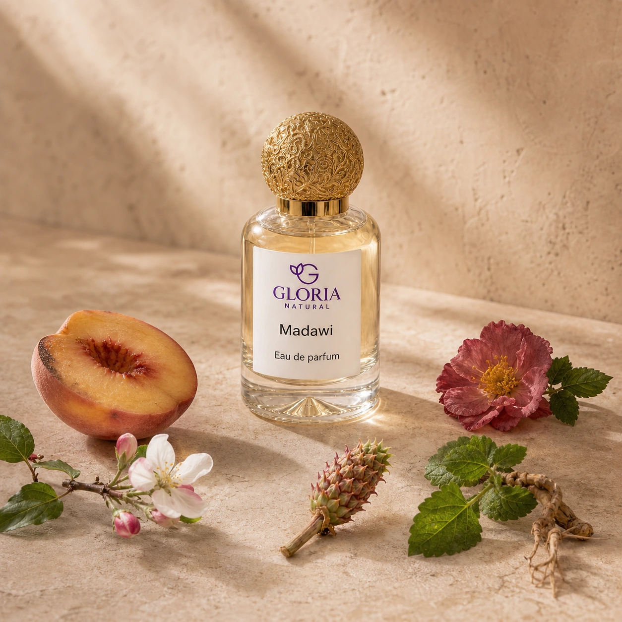 Madawi eau de parfum with peach, apple blossom, wild rose, and patchouli