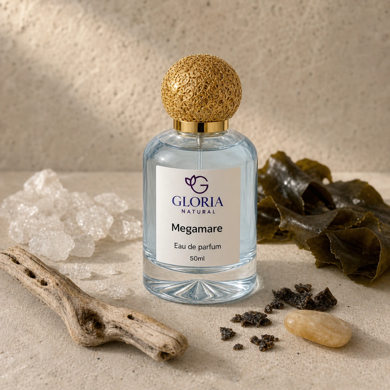 Megamare eau de parfum with sea salt, seaweed, driftwood, and ambergris