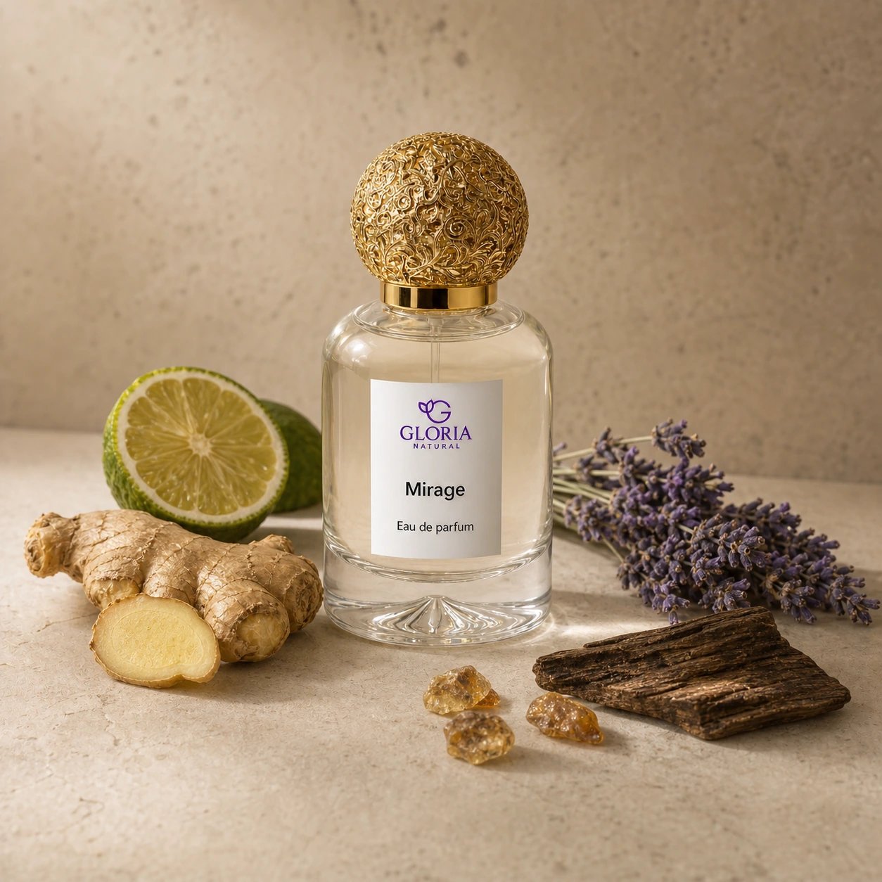 Mirage eau de parfum with bergamot, ginger, elemi, lavender, and oud