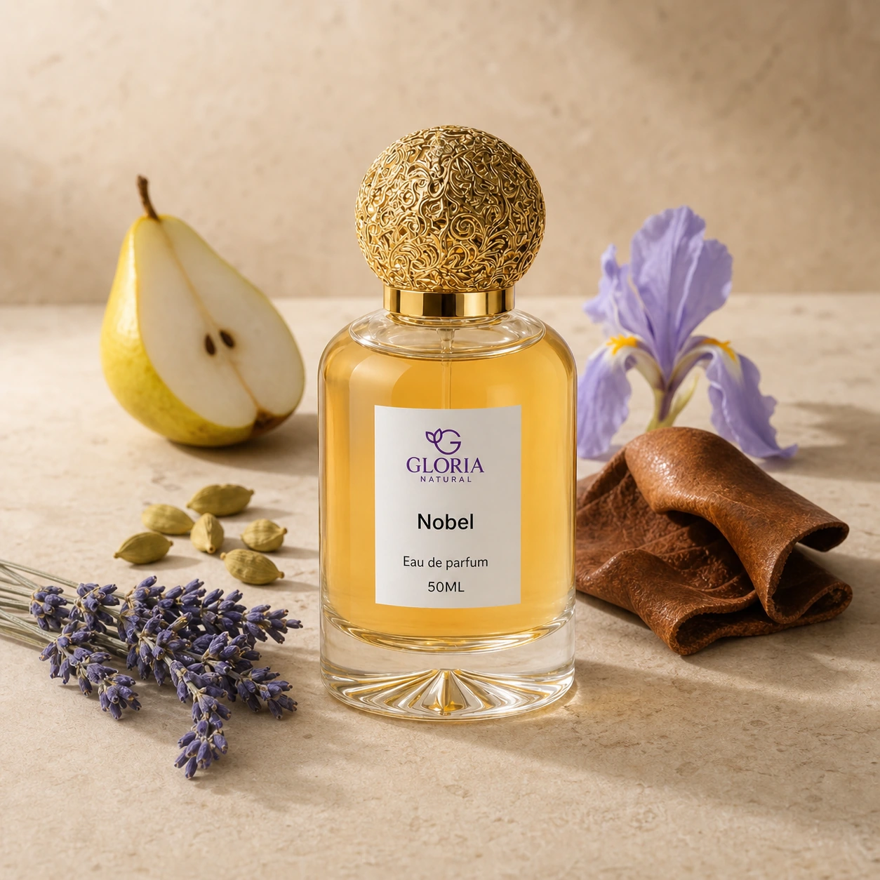 Nobel eau de parfum with pear, cardamom, lavender, iris, and leather