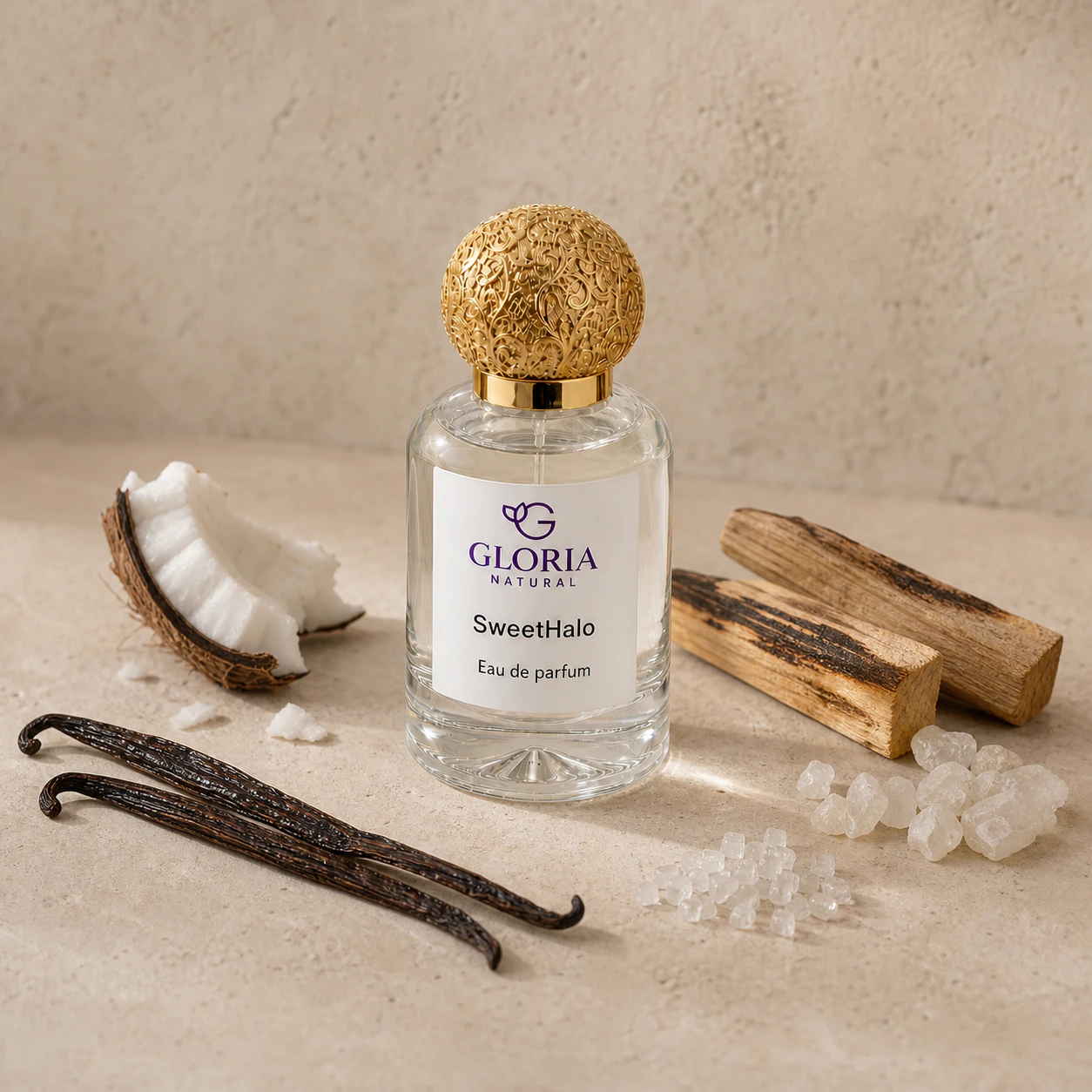 SweetHalo eau de parfum with coconut, vanilla, and palo santo